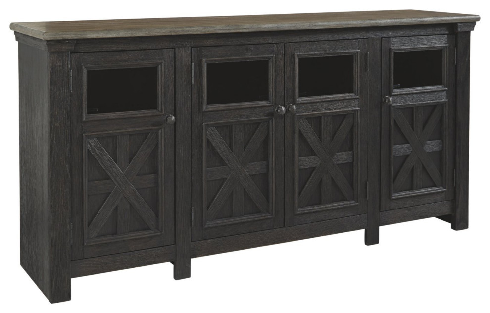 Farmhouse TV Console  Cross Buck Doors With Glass Panels  Weathered Gray/Brown   Farmhouse   Entertainment Centers And Tv Stands   by Declusia  Houzz