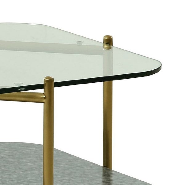 Cid Troy 24 Inch Modern 2 Tier End Table， Glass Top， Gold Metal Legs， Gray