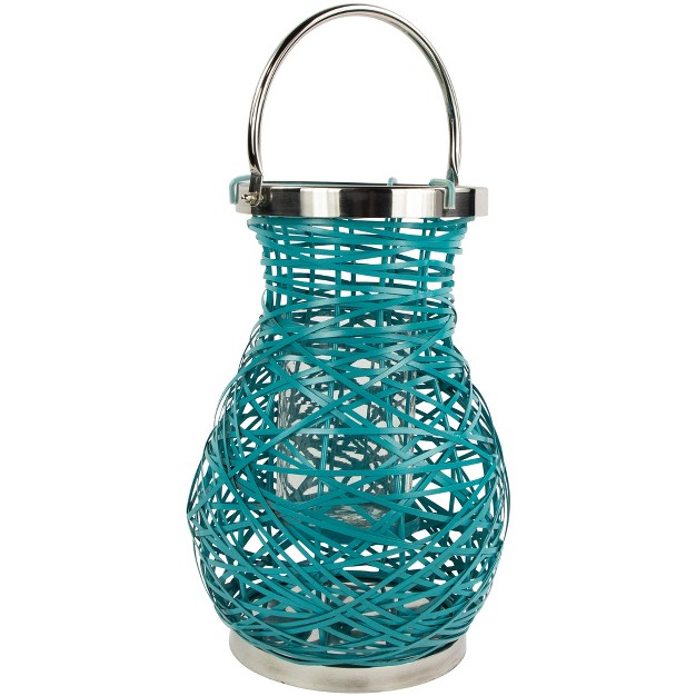 Turquoise Woven Metal Hurricane Pillar Candle Lantern