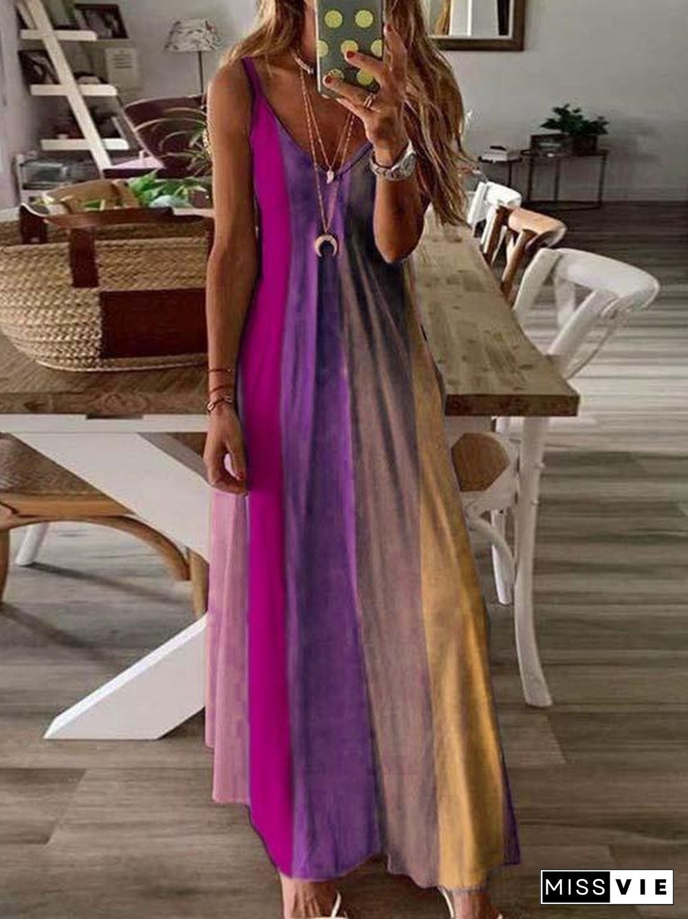 Women's Sleeveless V-neck Gradient Printed Maxi Slip Dress