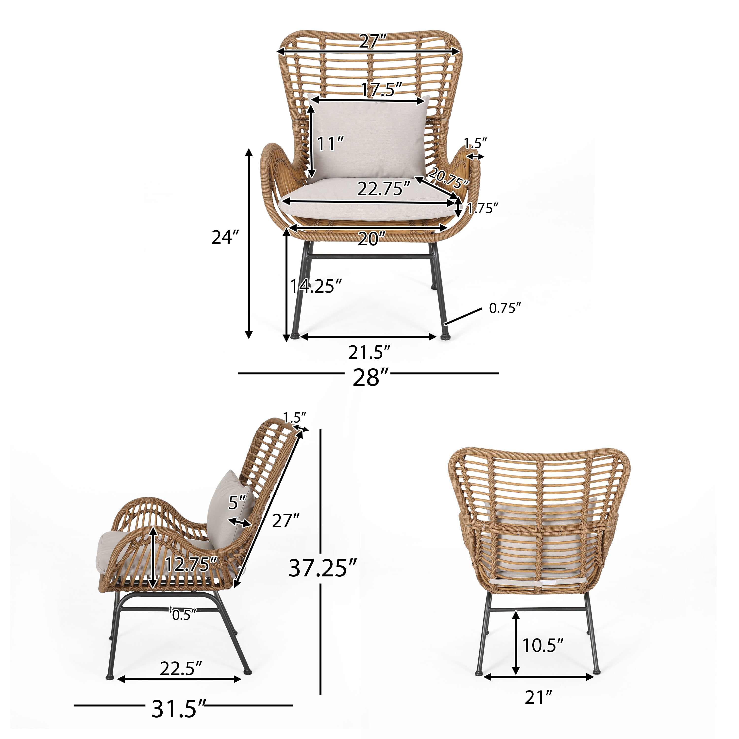 Izidro Indoor Boho Modern Wicker 4 Piece Club Chair and Ottoman Set