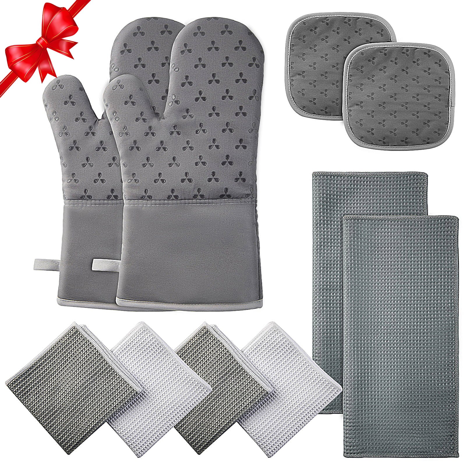 LOAOL 10 Pieces Oven Mitts Sets and Pot Holders Towel Set， Heat-Resistant Kitchen Oven Gloves， Grey