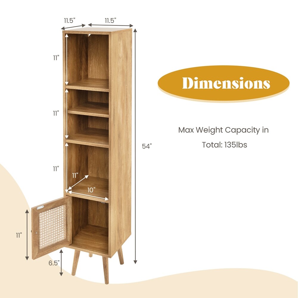 Rattan Storage Cabinet Freestanding Slim Organizer Wood Display Rack