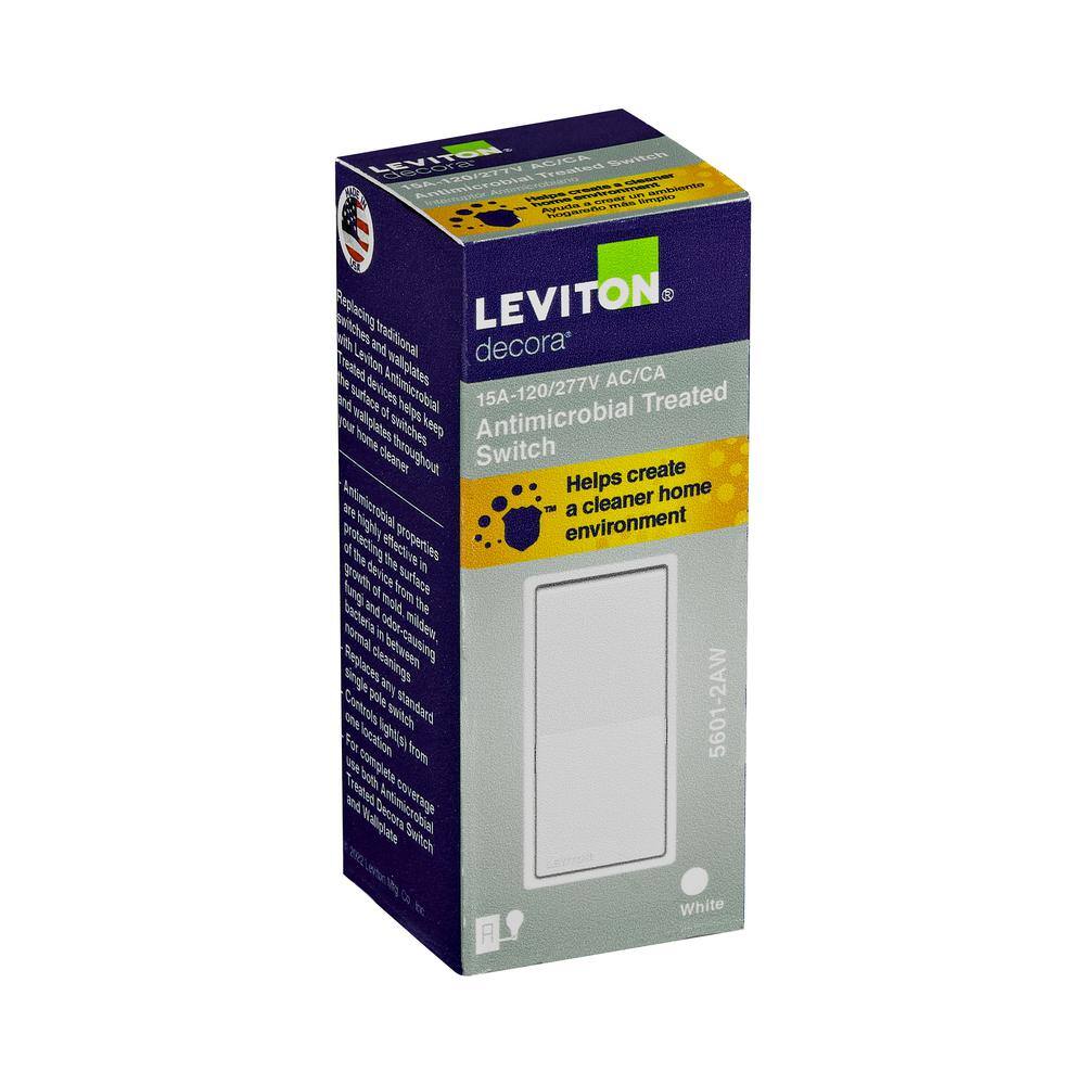 Leviton 15 Amp 120277 Volt Single Pole Antimicrobial Treated Decora Rocker Switch White RA2-05601-2AW