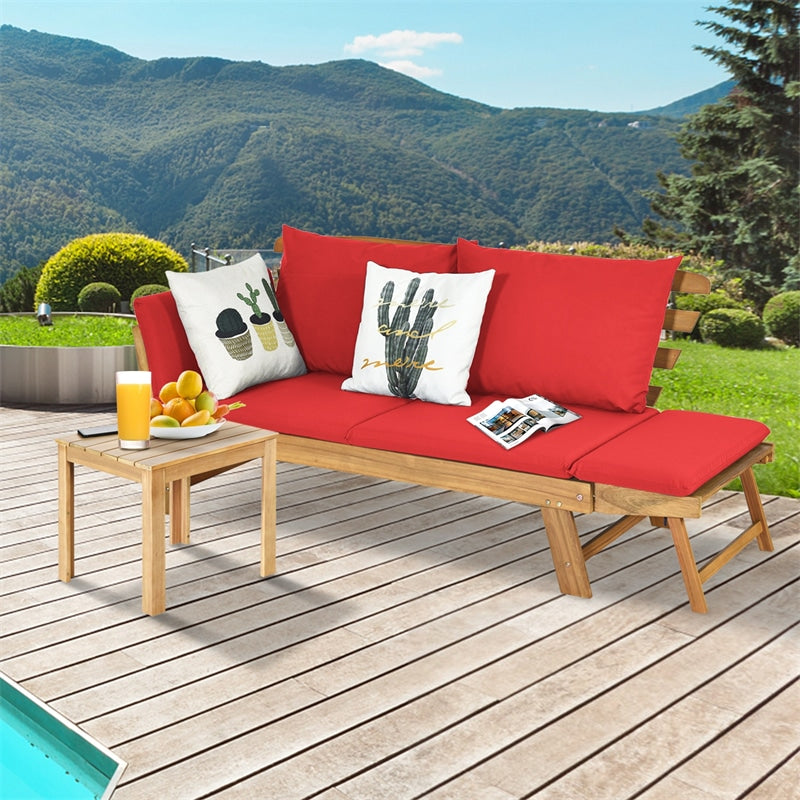 Outdoor Daybed Acacia Wood Convertible Couch Sofa Bed with Adjustable Armrest & Cushion