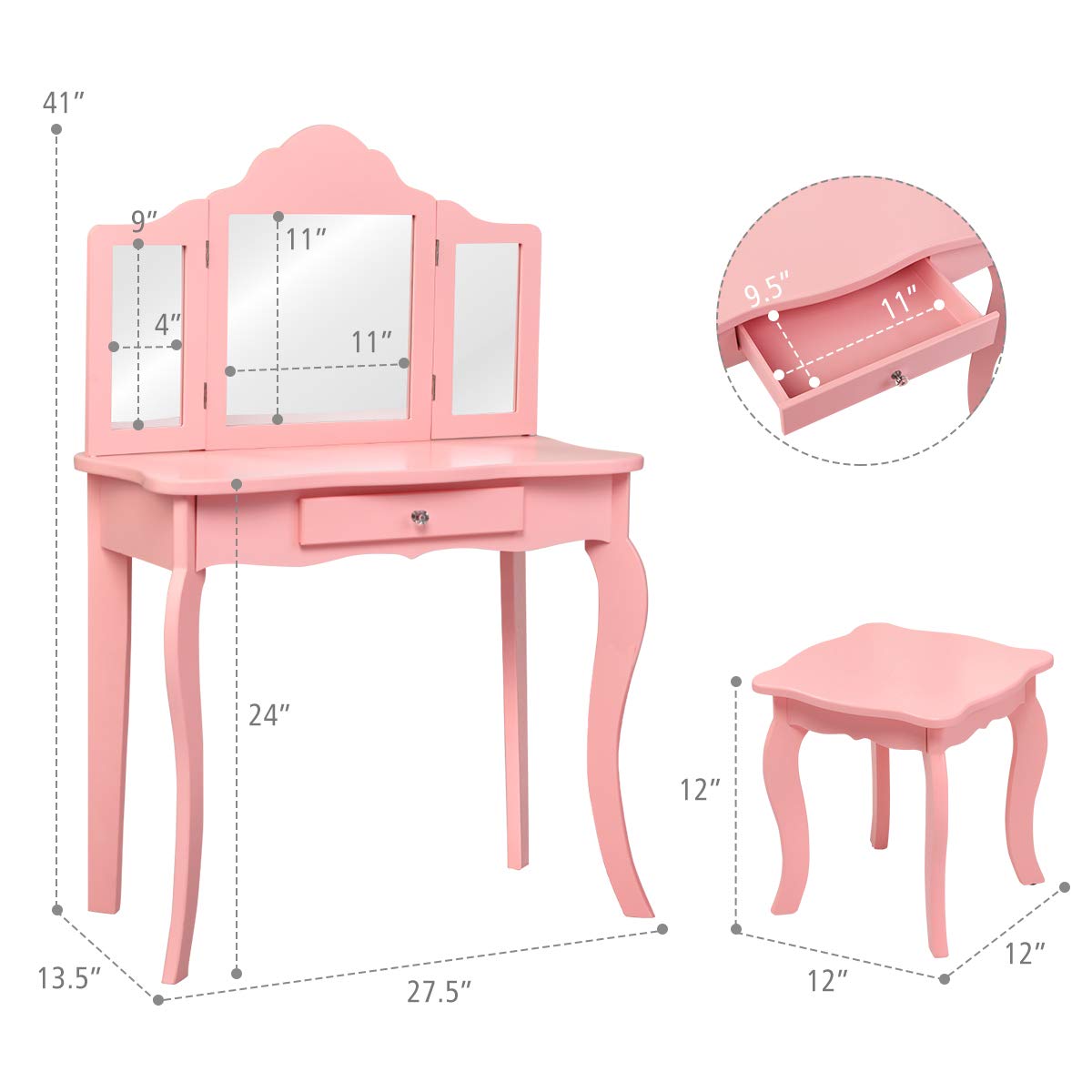 Costzon Kids Wooden Vanity Table & Stool Set, 2 in 1 Detachable Design with Dressing Table and Writing Desk (Pink)