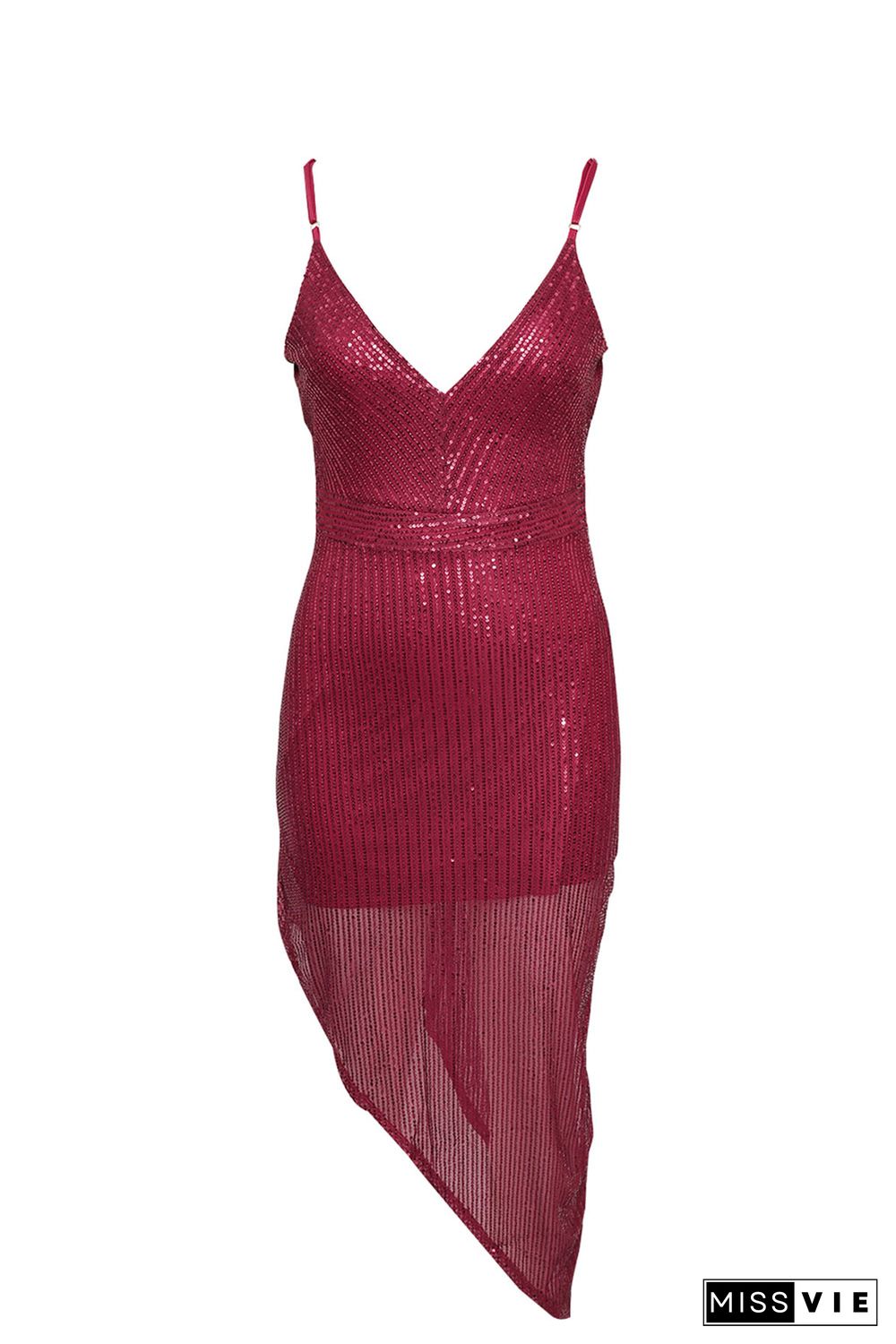 Red V Neck Bodycon Sequin Dress