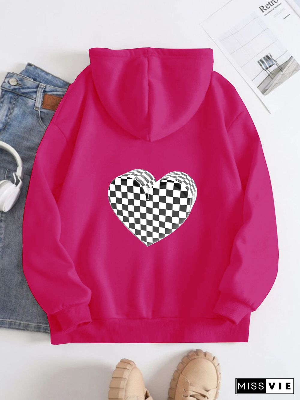 Printed on the Back Kangaroo Pocket Hoodie Long Sleeve for Women Pattern Plaid love pattern