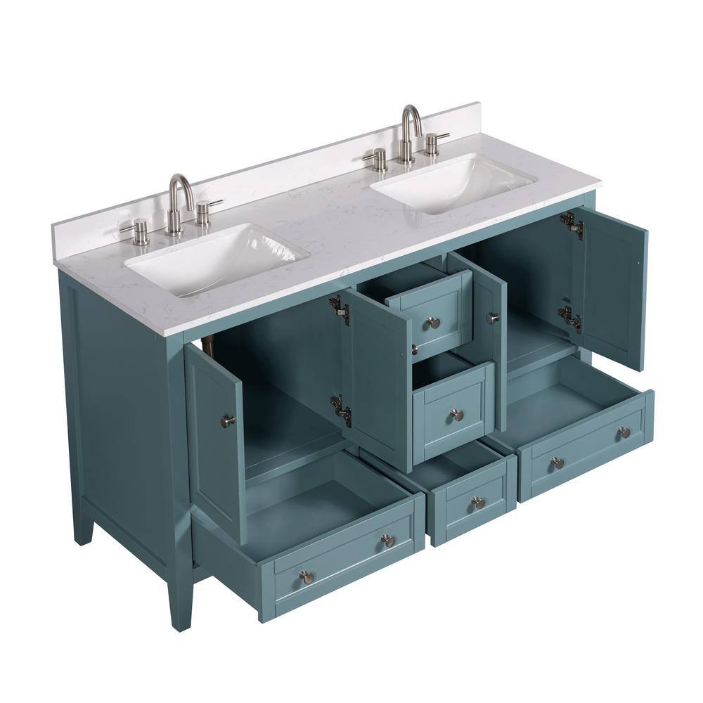 Home Decorators Collection Beverly 61 in. W x 22. D x 35. H Double Sink Vanity in Aegean Teal with Engineered Solid Surface Vanity Top 20303-VS61EC-AT