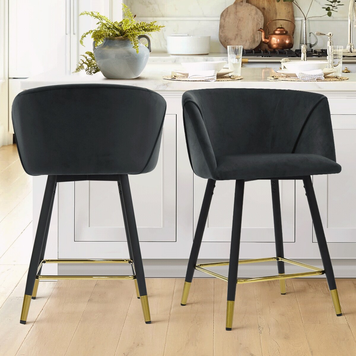 Upholstered Counter Height Swivel Bar Stools with Arm Velvet Set of 2