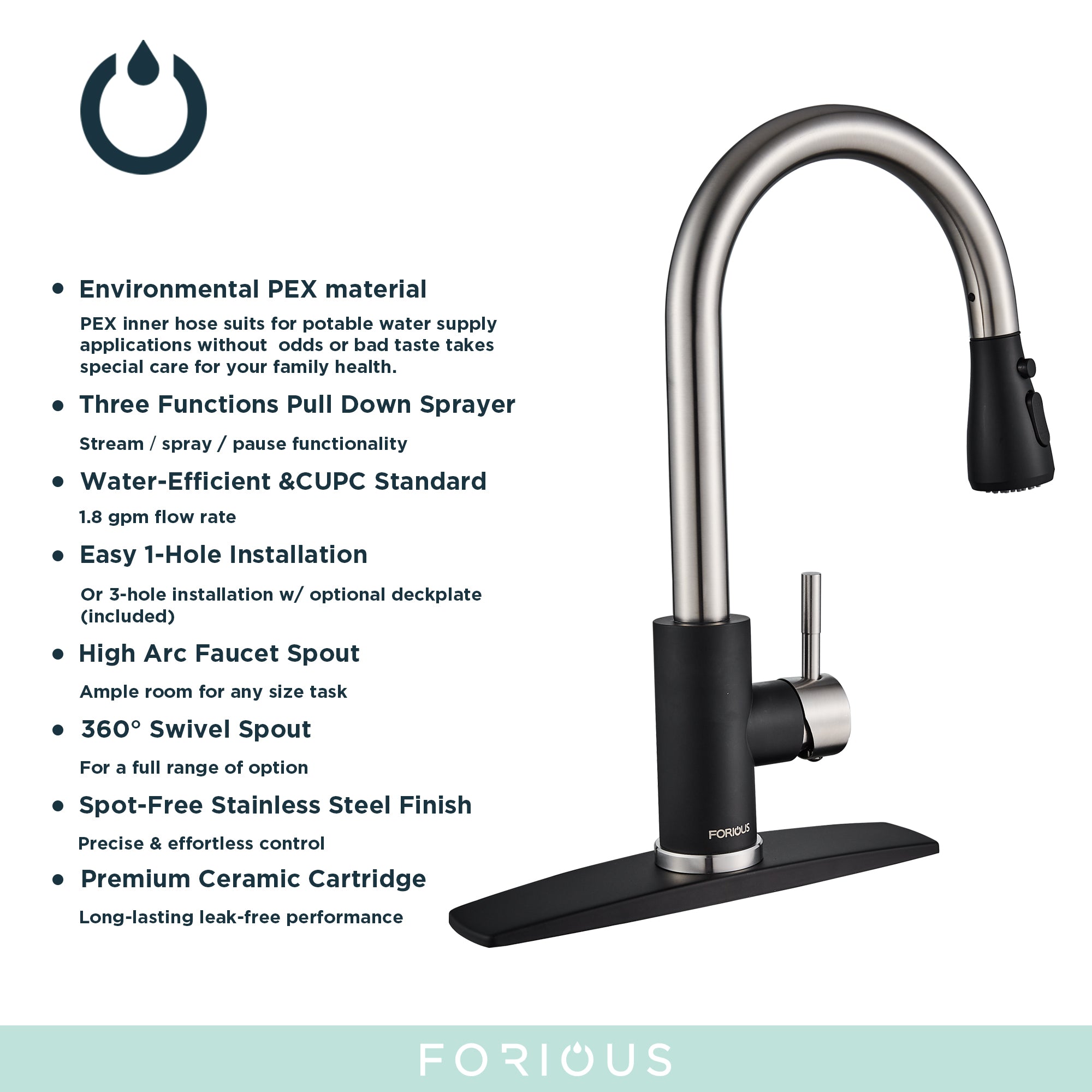 Forious Kitchen Faucet with Pull Down Sprayer Single Handle Brush Black in Kitchen