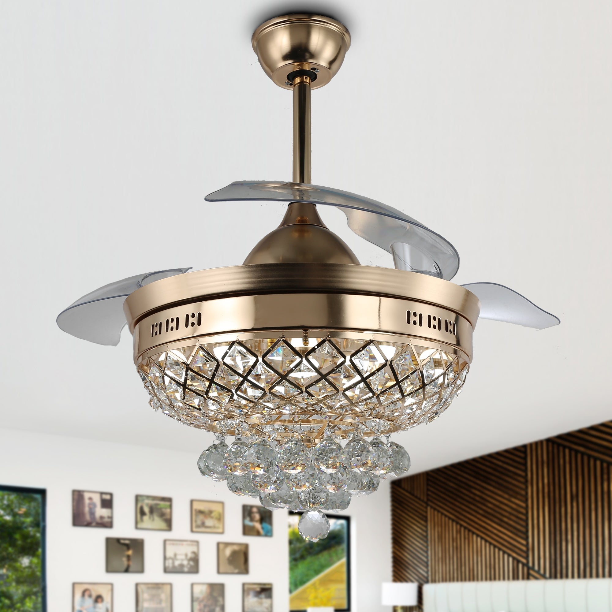 CurveCurio Crystal Ceiling Fan with Retractable Blades， LED Light and Remote - 42 Inches Shopping - The Best Deals on Ceiling Fans | 34480522