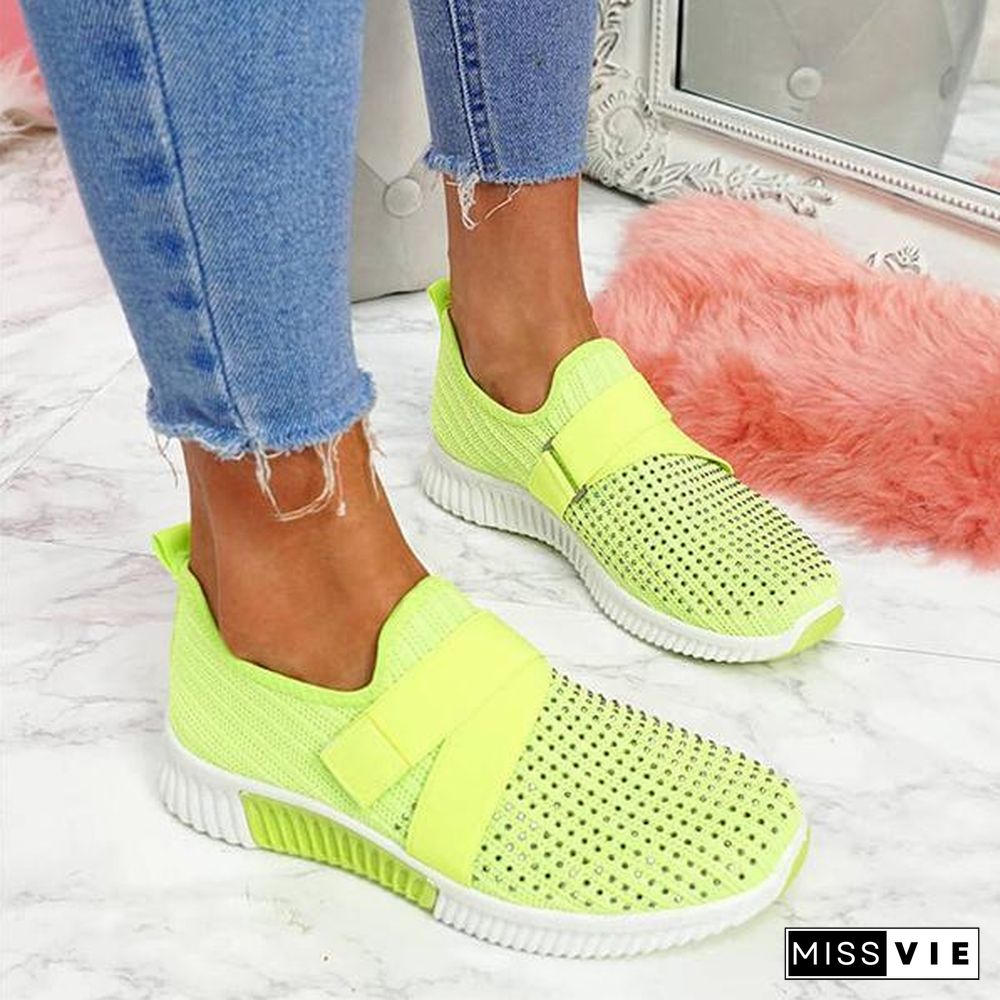 Women Fashion Bling Rhinestones Flyknit Fabric Slip On Breathable Platform Sneakers