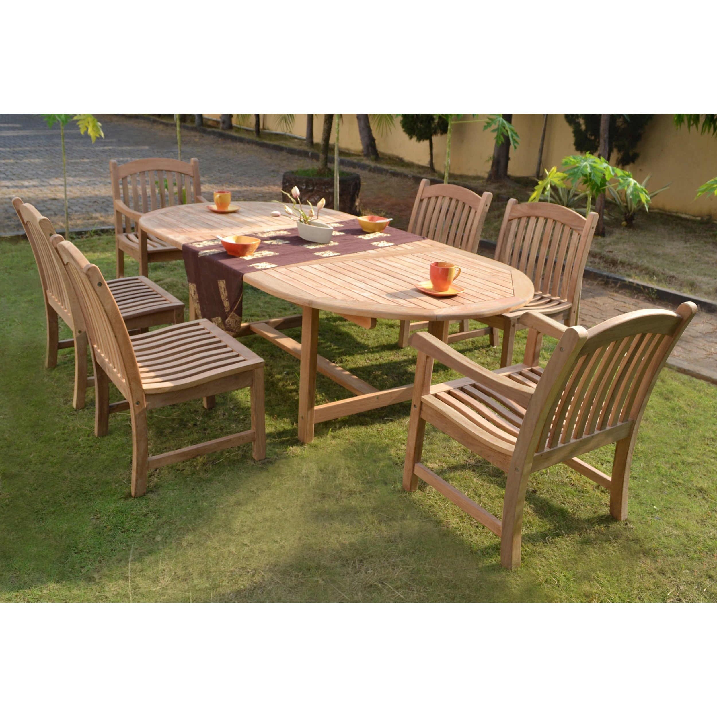 Harbour Teak Outdoor Dining Set (Teak Extendable Oval Table 71-95 with 6 Teak Tista Armchairs +FREE Cushions)