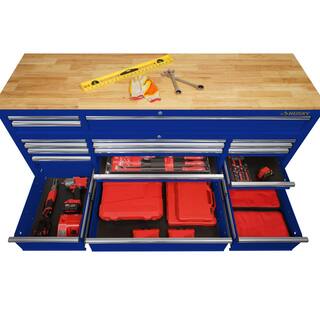 Husky 72 in. W x 24 in. D Standard Duty 18-Drawer Mobile Workbench Tool Chest with Solid Wood Top in Gloss Blue HOTC7218B31M