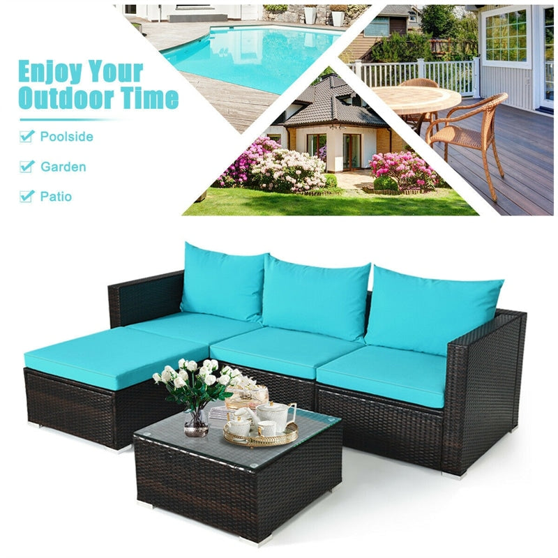 5 Pcs Rattan Wicker Outdoor Patio Sectional Furniture Set with Coffee Table & Cushions