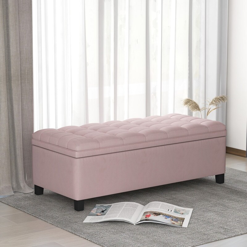 Storage stool  for bedroom  end of bed  button tufted linen fabric Ottoman sofa  bench