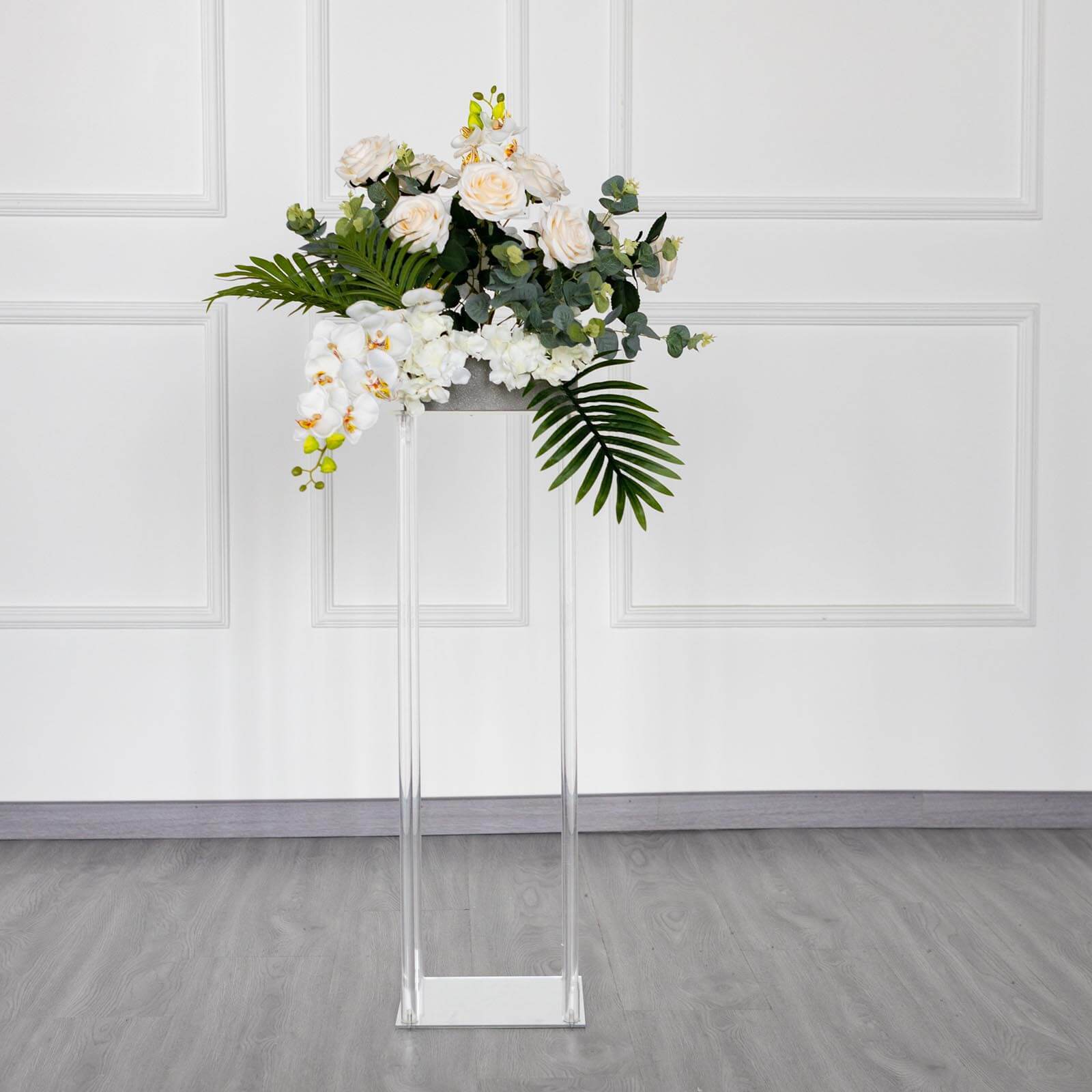 Clear Acrylic Floor Vase Flower Stand With Square Mirror Base, Wedding Column 32