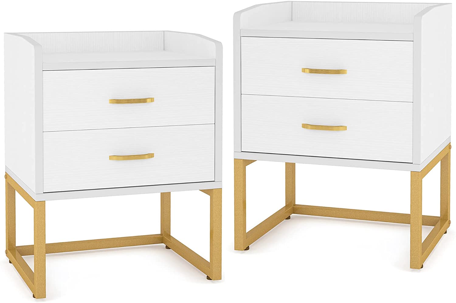 Tribesigns 2 Drawer Nightstand Set of 2, Modern Wood Night Stands Bedside Table for Bedroom, Sofa End Table, White and Gold