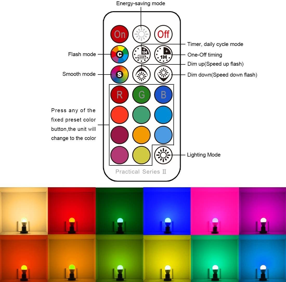 iLC RGB LED Light Bulb， Color Changing Light Bulb， 40W Equivalent， 450LM， 2700K Warm White 5W E26 Screw Base RGBW， Flood Light Bulb- 12 Color Choices - Timing Infrared Remote Control (4 Pack)