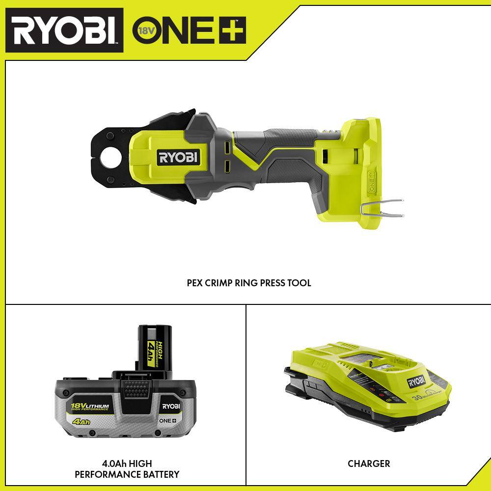 RYOBI ONE+ 18V PEX Crimp Ring Press Tool with High Performance 4.0 Ah Battery and Charger Kit P661-PSK004