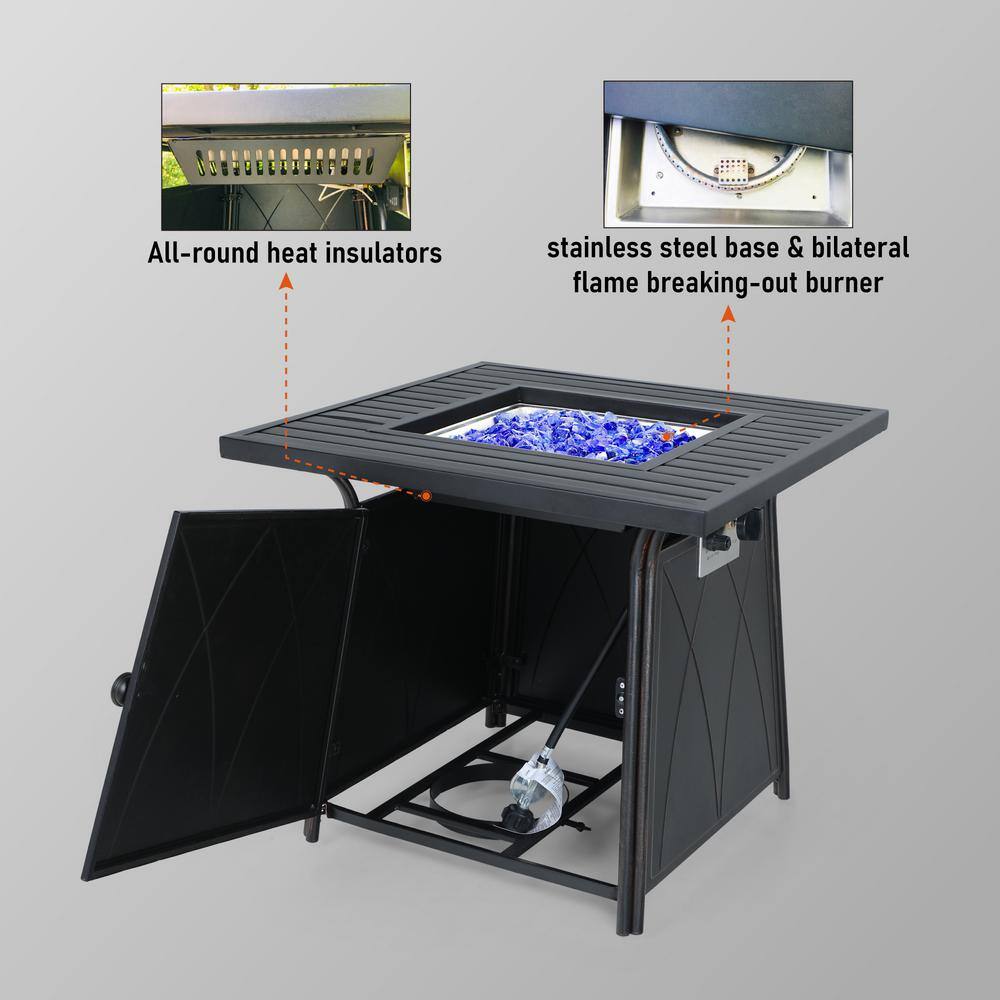 PHI VILLA 28.3 in. x 24.8 in. 50000 BTU Square Metal Gas Fire Pit Table with Lid and Blue Fire Glass THD-E02GS001