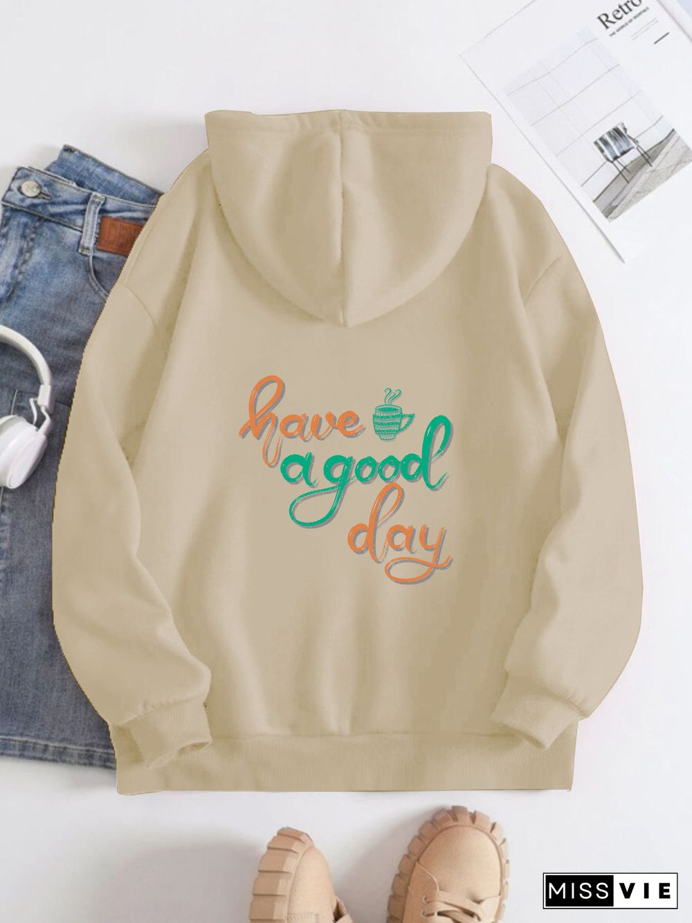 Printed on the Back Kangaroo Pocket Hoodie Long Sleeve for Women Pattern Have a Good Day