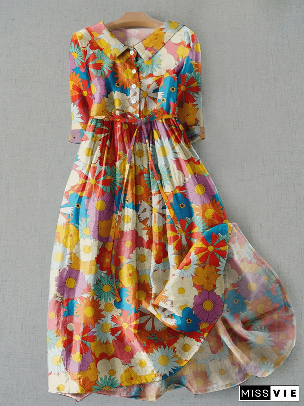 Literary Casual Floral Print Tie Loose Dress