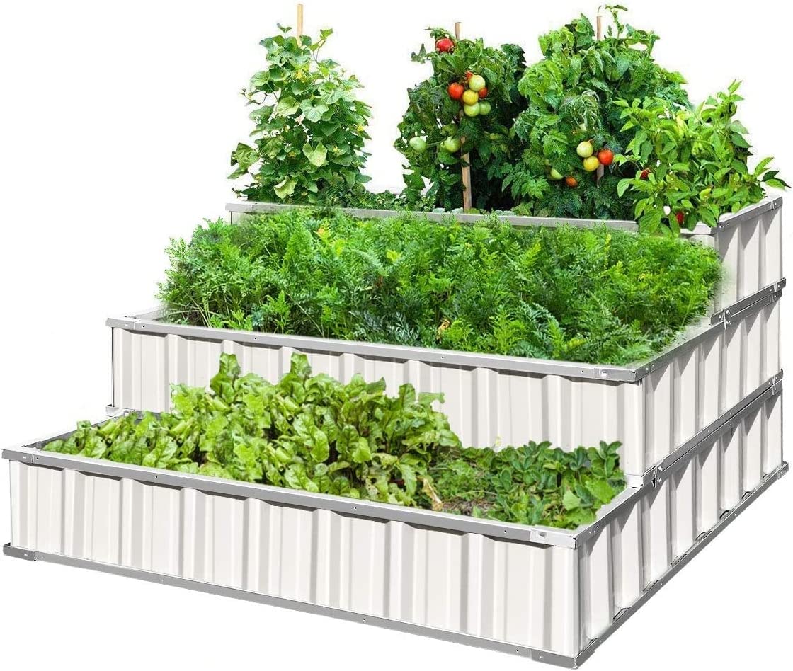 3 Tiers Raised Garden Bed Dismountable Frame Galvanized  Metal Patio Garden Elevated Planter Box 46\u2019\u2019x46\u2019\u2019x23.6\u2019\u2019 for Growing Vegetables  (Ivory)