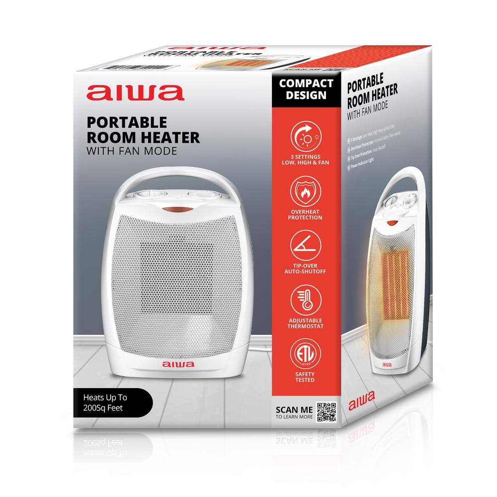 AIWA 10.2 in. Electric Portable Room Ceramic Heater with Handle Overheat Protection Tip Over Auto Shutoff 1500-Watt WSH3-1001-WHT