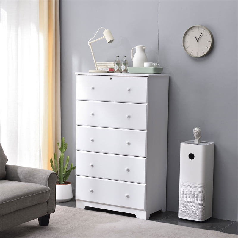 Pemberly Row Contemporary Solid Pine Wood 5 Drawer Chest Dresser in White