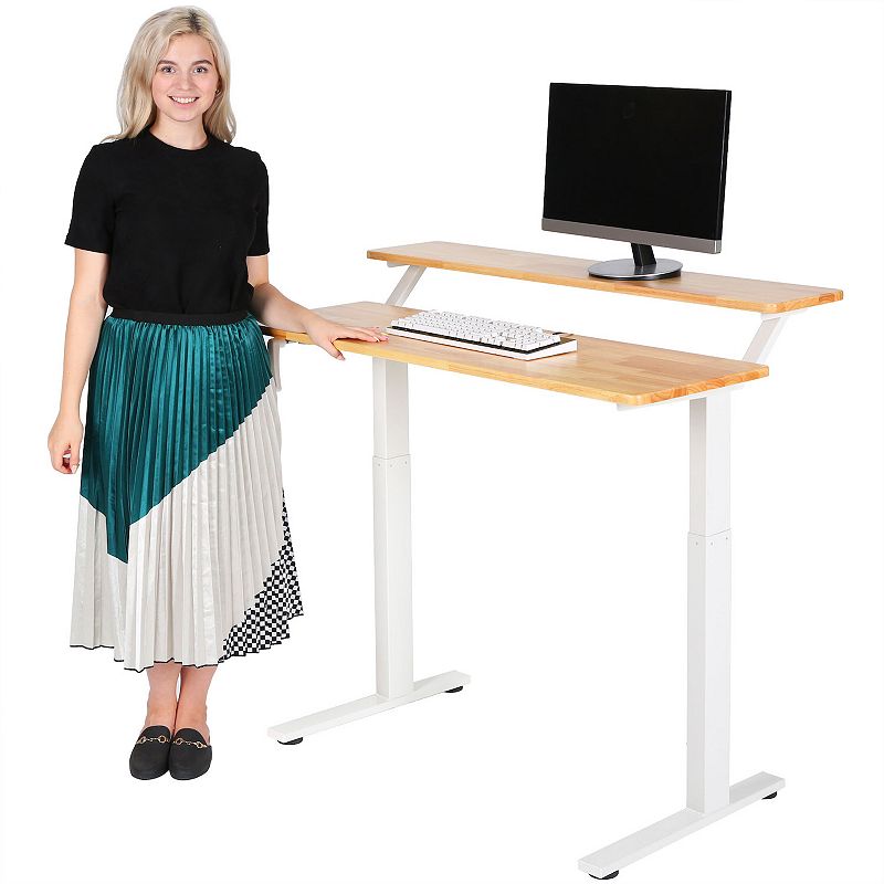 SDADI Adjustable Height Steel Frame 2 Tier Standing Desk w/ Crank， Black/Teak