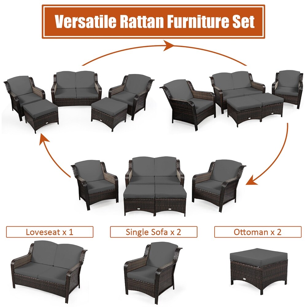 Costway 5PCS Patio Rattan Furniture Set Loveseat Sofa Ottoman