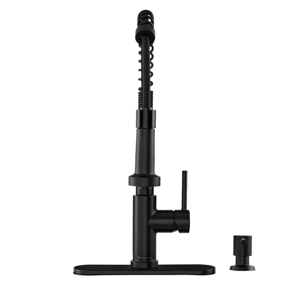 Glacier Bay Gage Single-Handle Spring Neck Pull-Down Sprayer Kitchen Faucet with Soap Dispenser in Matte Black HD67458-1410H