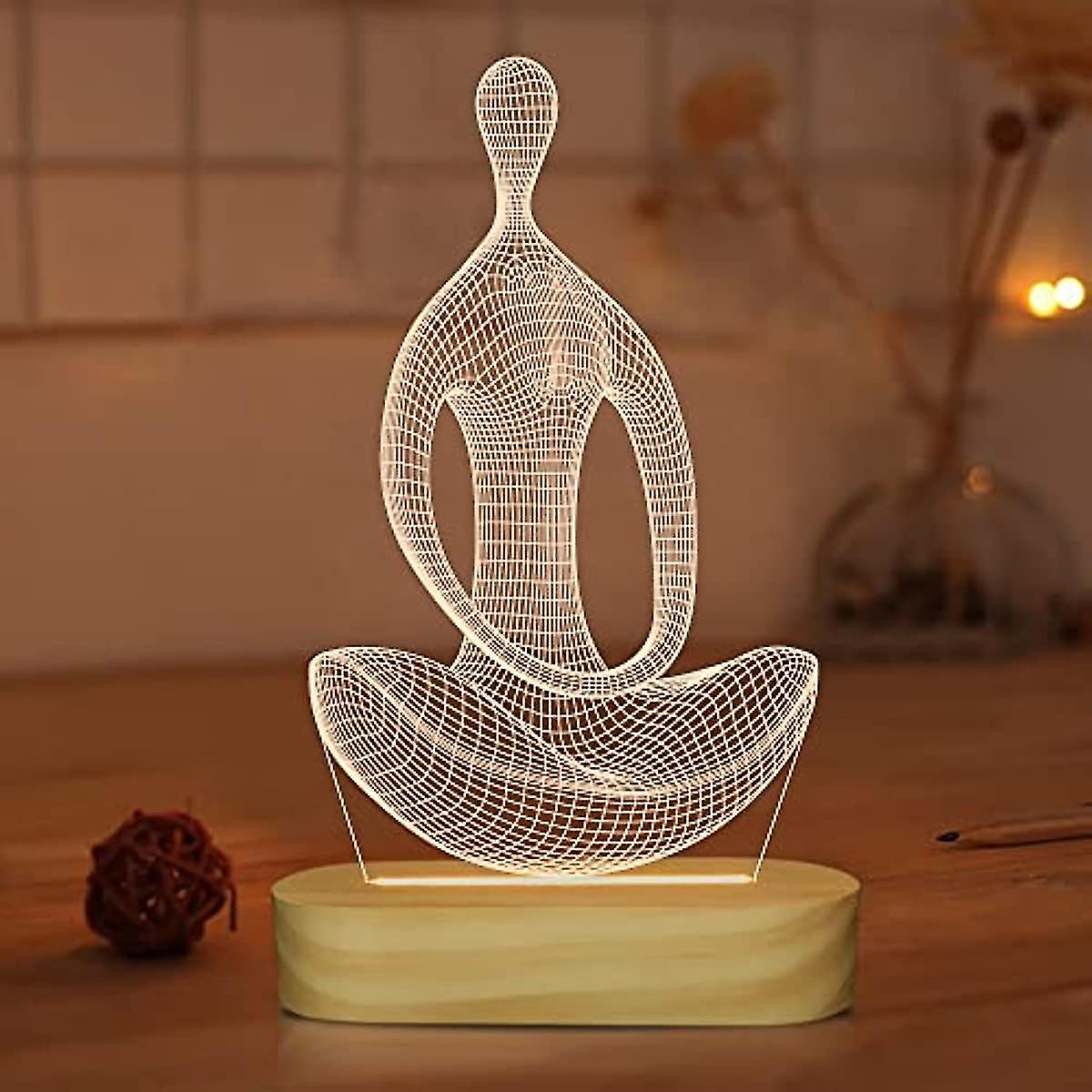 Yoga Lamp Led 3d Art Night Light For Girls Women Meditation Lovers Birthday Gifts Usb Power Warm Color Wood Base Table Lamps