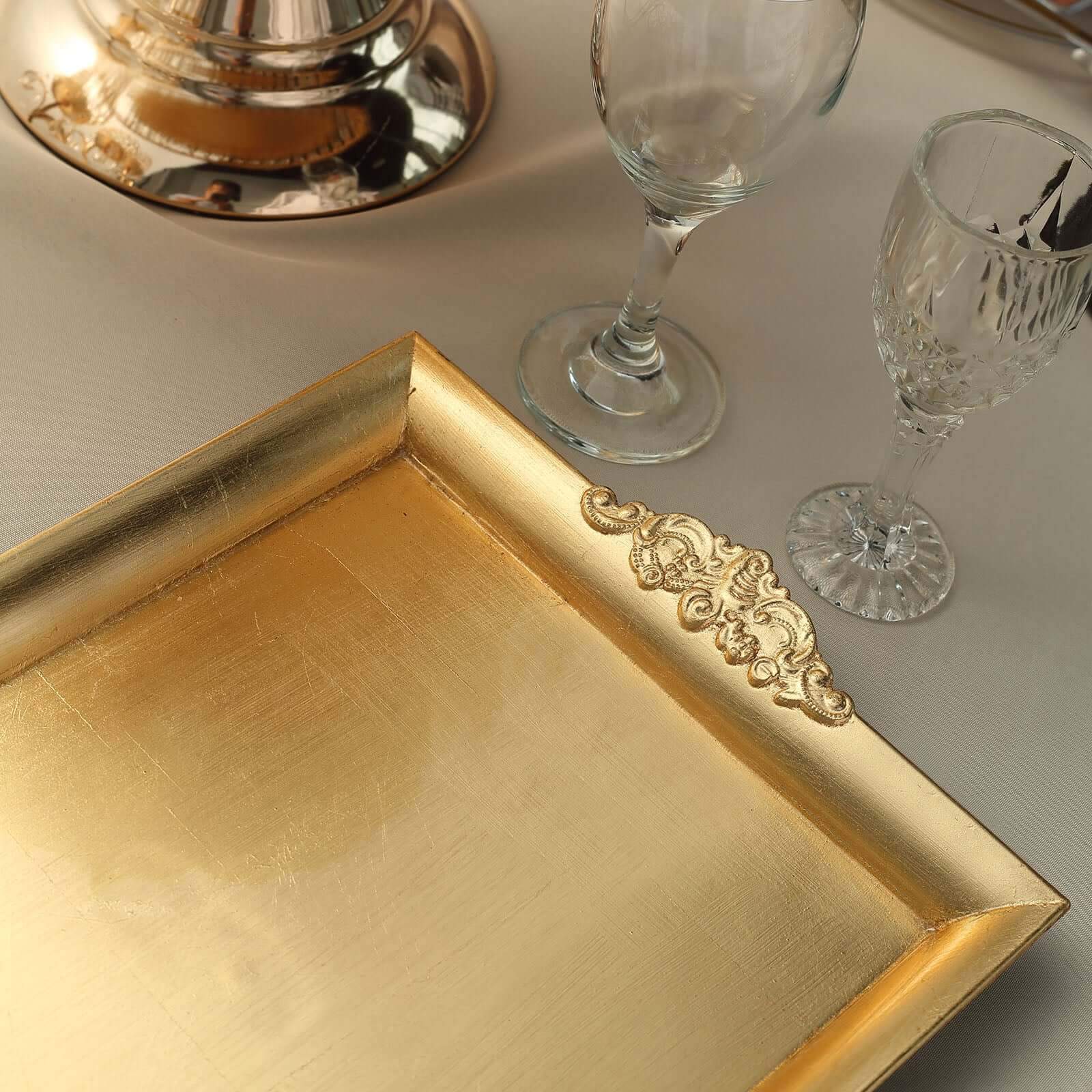 2 Pack Gold Rectangle Decorative Acrylic Serving Trays With Embossed Rims 14