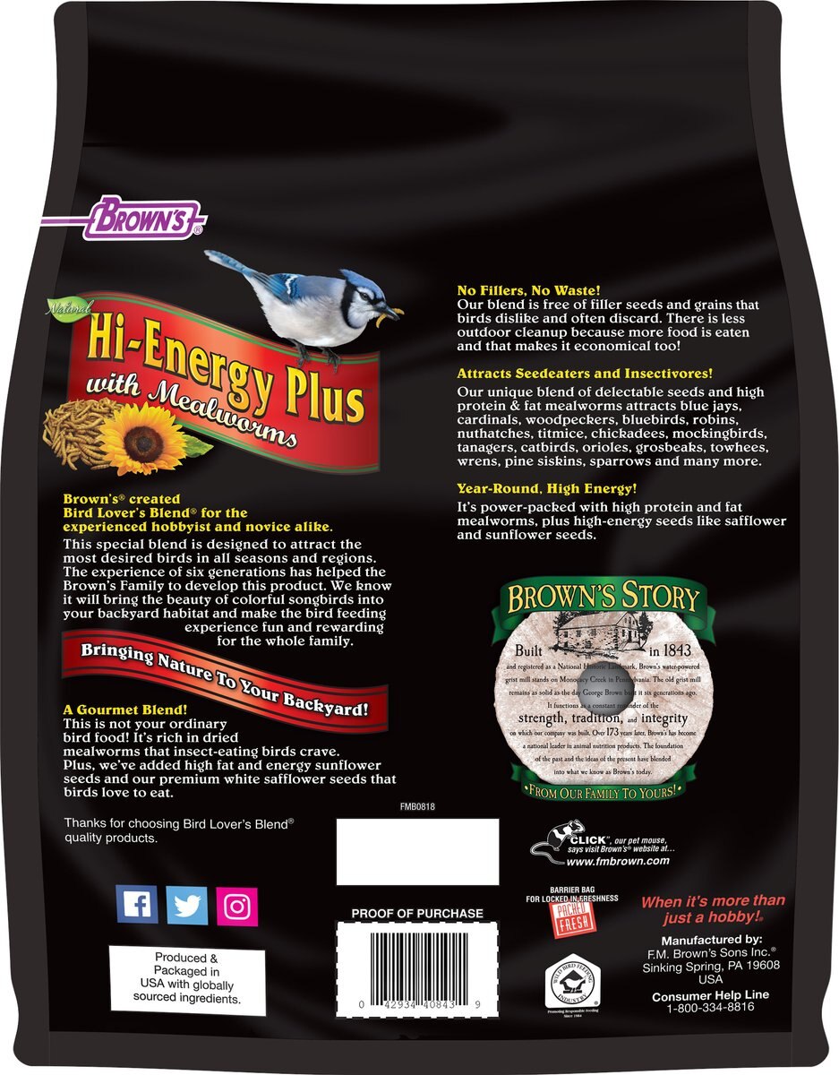 Brown's Bird Lover's Blend Hi-Energy Plus with Mealworms Wild Bird Food