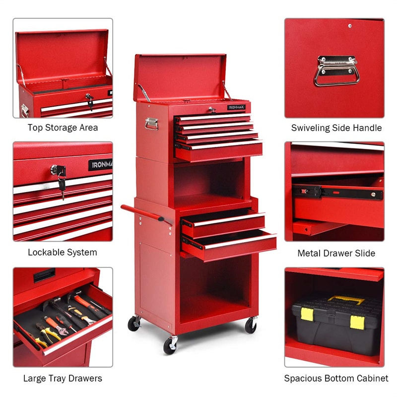 6-Drawer Rolling Tool Chest 3-in-1 Tool Storage Cabinet with Auto Locking System & Lockable Wheels