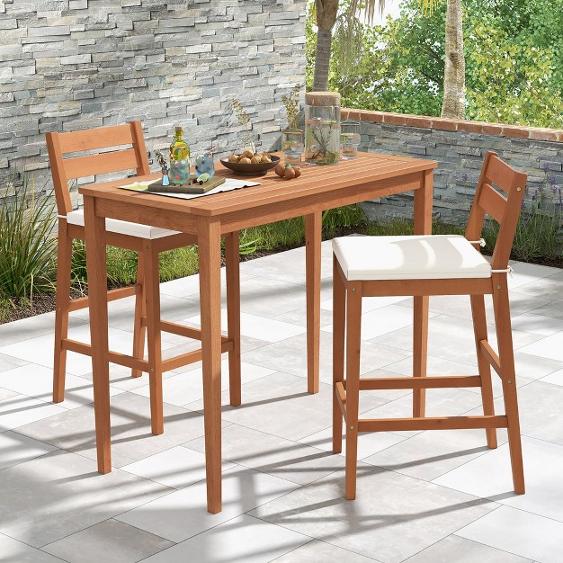 Tangkula Patio Eucalyptus Wood Bar Stools Set Of 2 Outdoor Bar Height Patio Chairs W Cushions