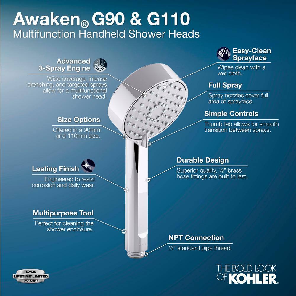 KOHLER Awaken 3-Spray Patterns with 1.75 GPM 4. 3125 in. Wall Mount Handheld Shower Head in Vibrant Brushed Moderne Brass K-72415-G-2MB