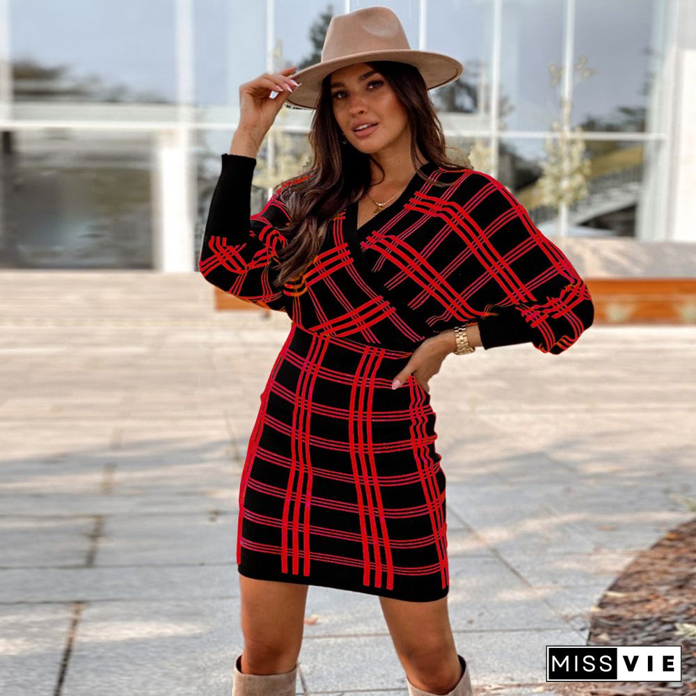 Casual V Neck Long Sleeve Mini Dress