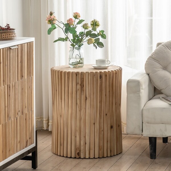 Retro Cylindrical Coffee Table with Vertical Texture Relief Design