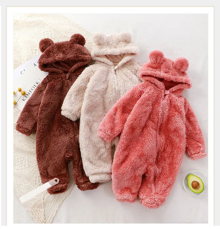 Thick Warm Baby Rompers Cute Winter Infant Jumpsuits Hooded Coral Fleece Bear Shape Newborn Soft Pajamas Overalls Clothing