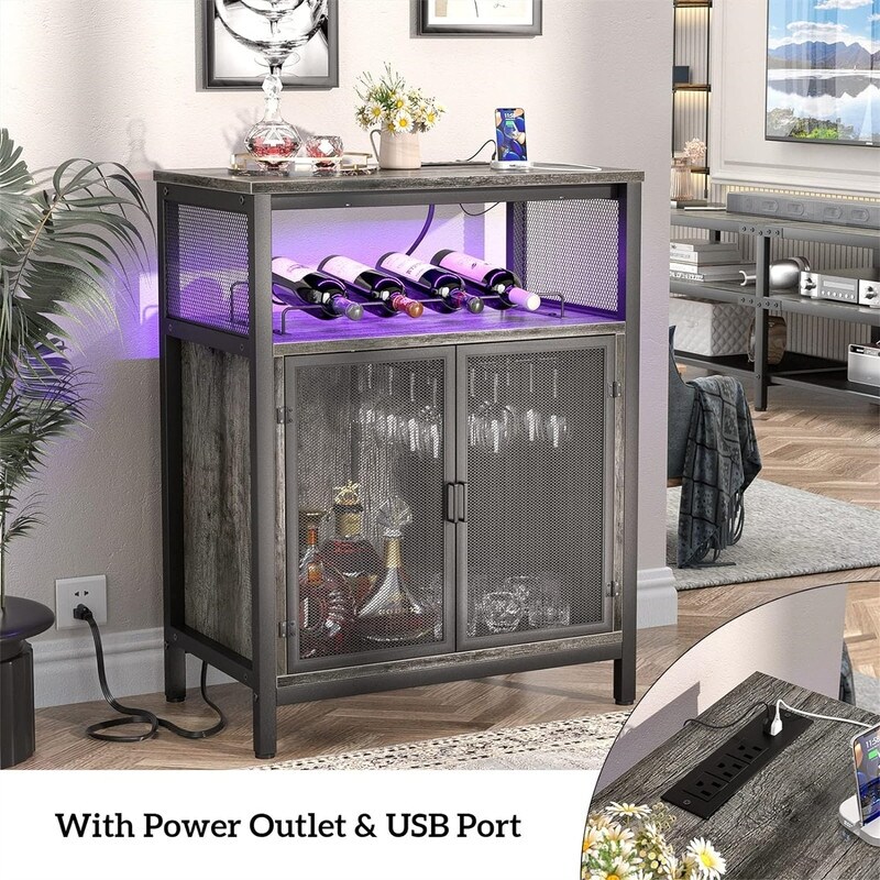 Wine Bar Cabinet with RGB Light and Outlet   23.6\