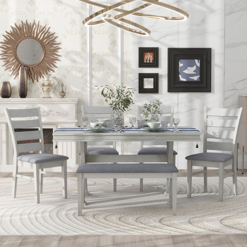 6 Piece Dining Table Set with Unique Legs and 4 Upholstered Chairs   1 Bench