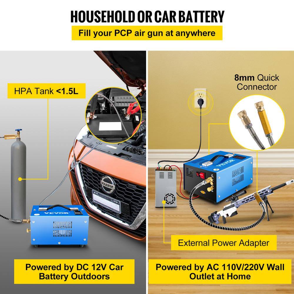 VEVOR PCP Air Rifle Pump 0.4 Gal. 4500 PSI Portable Electric Pancake Air Compressor with External Power Adapter Built-in Fan G220V110V12V-DULIV1