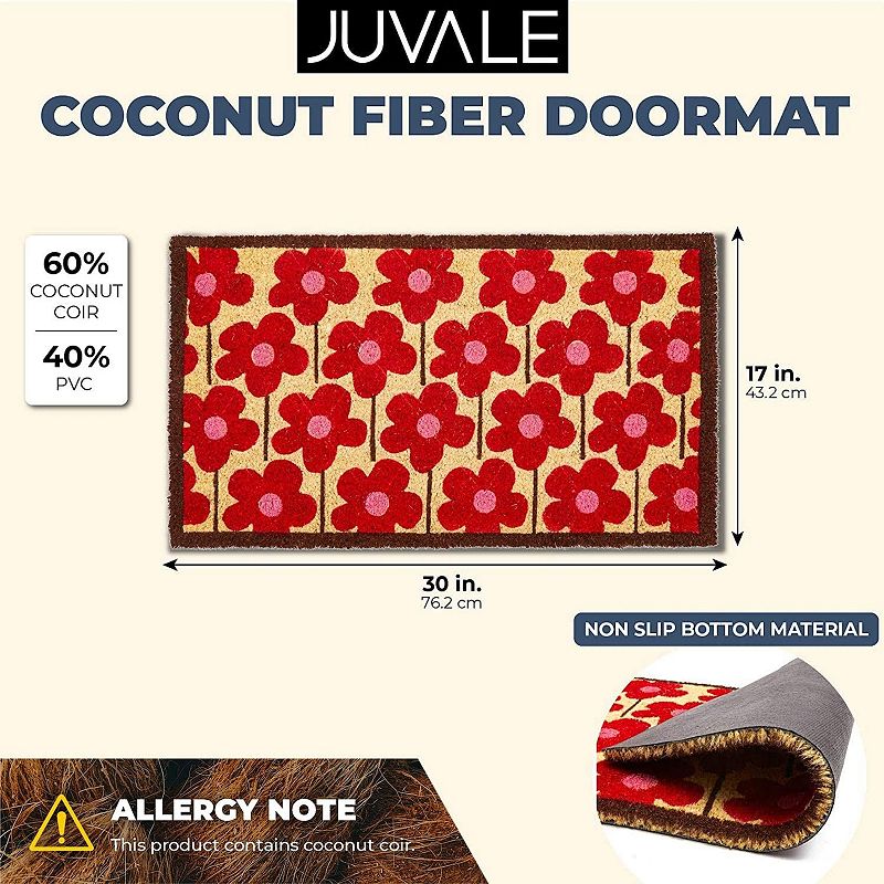 Coco Coir Mat， Floral Entry Way Nonslip Doormat (Red， Pink， 17 x 30 in)