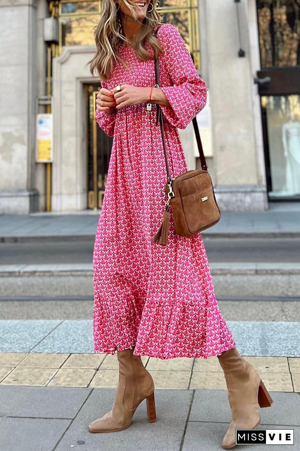 Rose Printed Ruffled Hem Long Dress