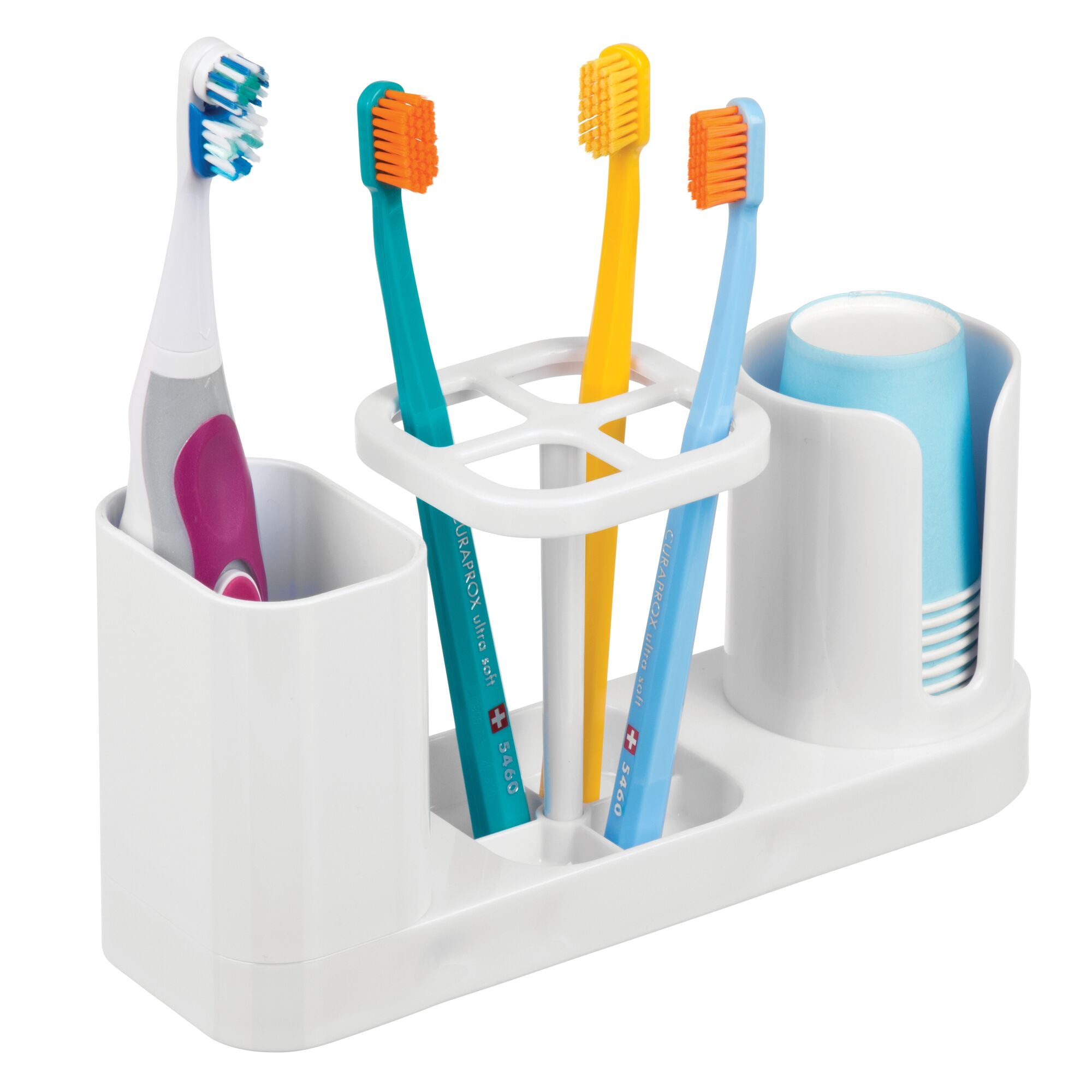 mDesign Plastic Bathroom Vanity Countertop Dental Storage Organizer Holder Stand for Electric Spin Toothbrushes/Toothpaste with Compartment for Rinse Cups - Compact Design - White