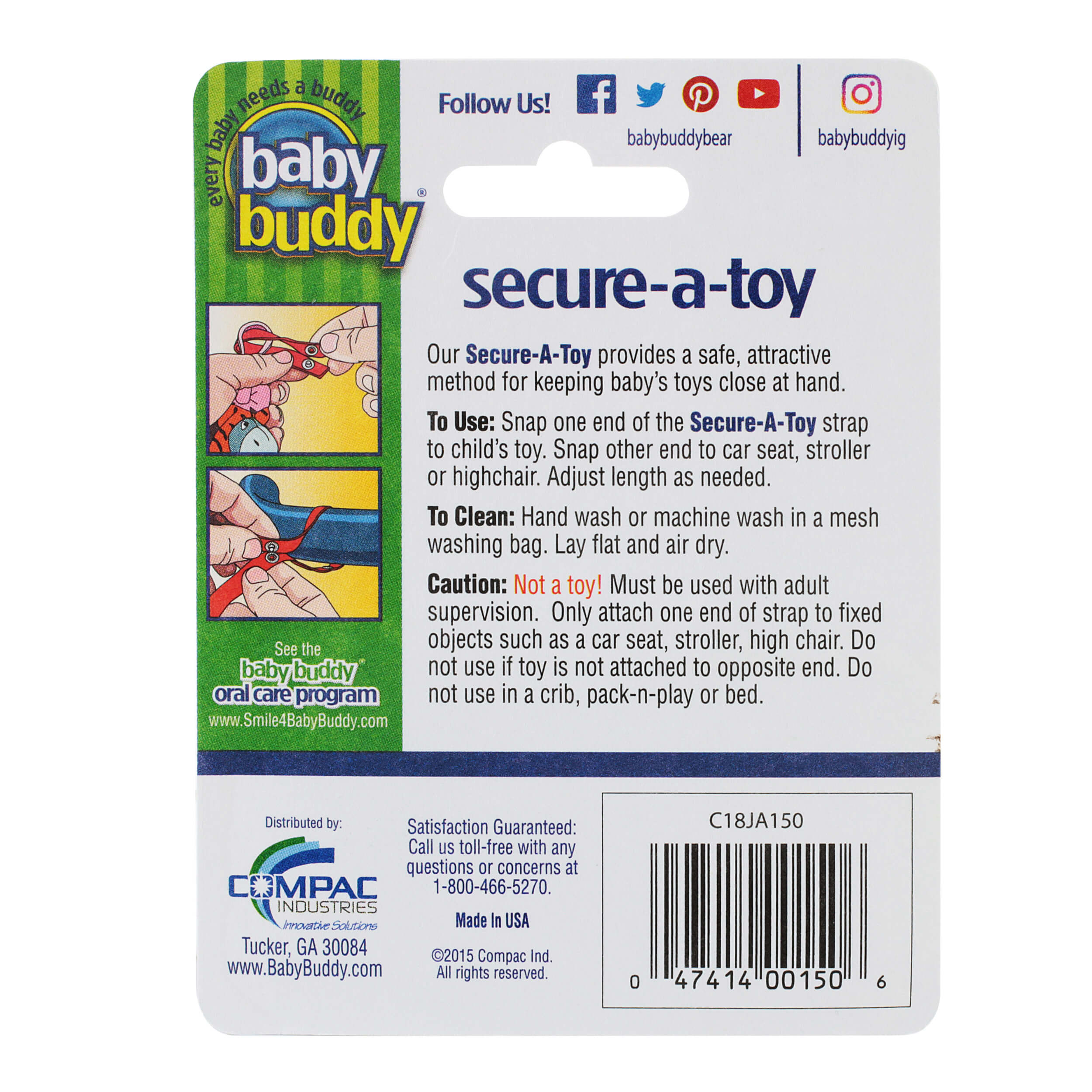 Baby Buddy Secure-A-Toy, Safety Strap Secures Toys, Teether, or Pacifier to Stroller, Highchair, Car Seat, Tan-Olive